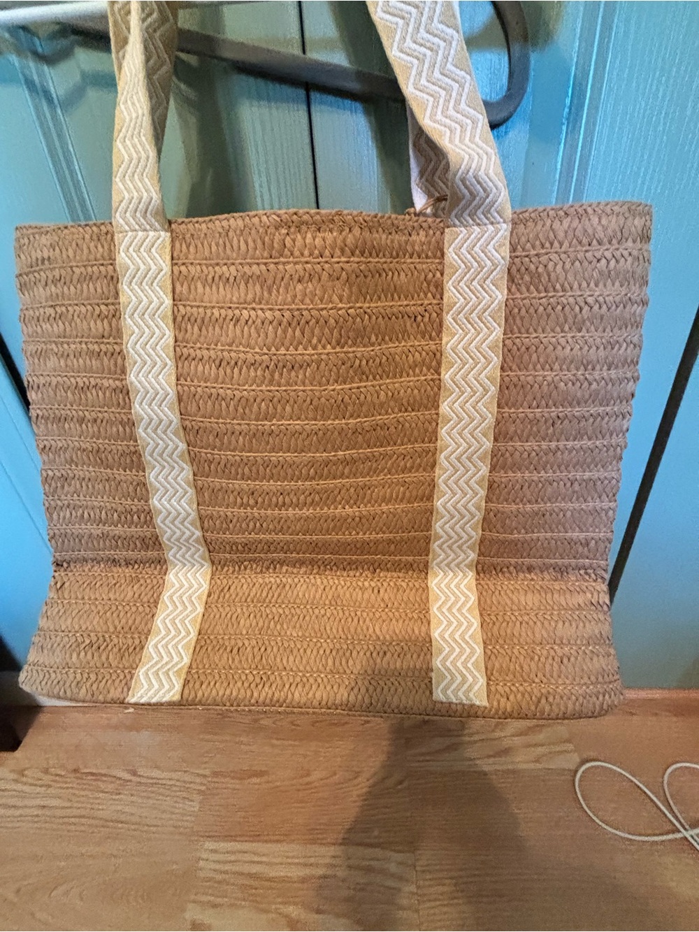 Novelty Straw woven Tote with Chevron Trim - Tan & Cream and linen lining - Picture 2 of 4